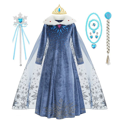 Costume Elsa Fille Robe Bleue Manches Longues Enfants Cosplay Princesse Déguisement Fête d'Halloween Anniversaire
