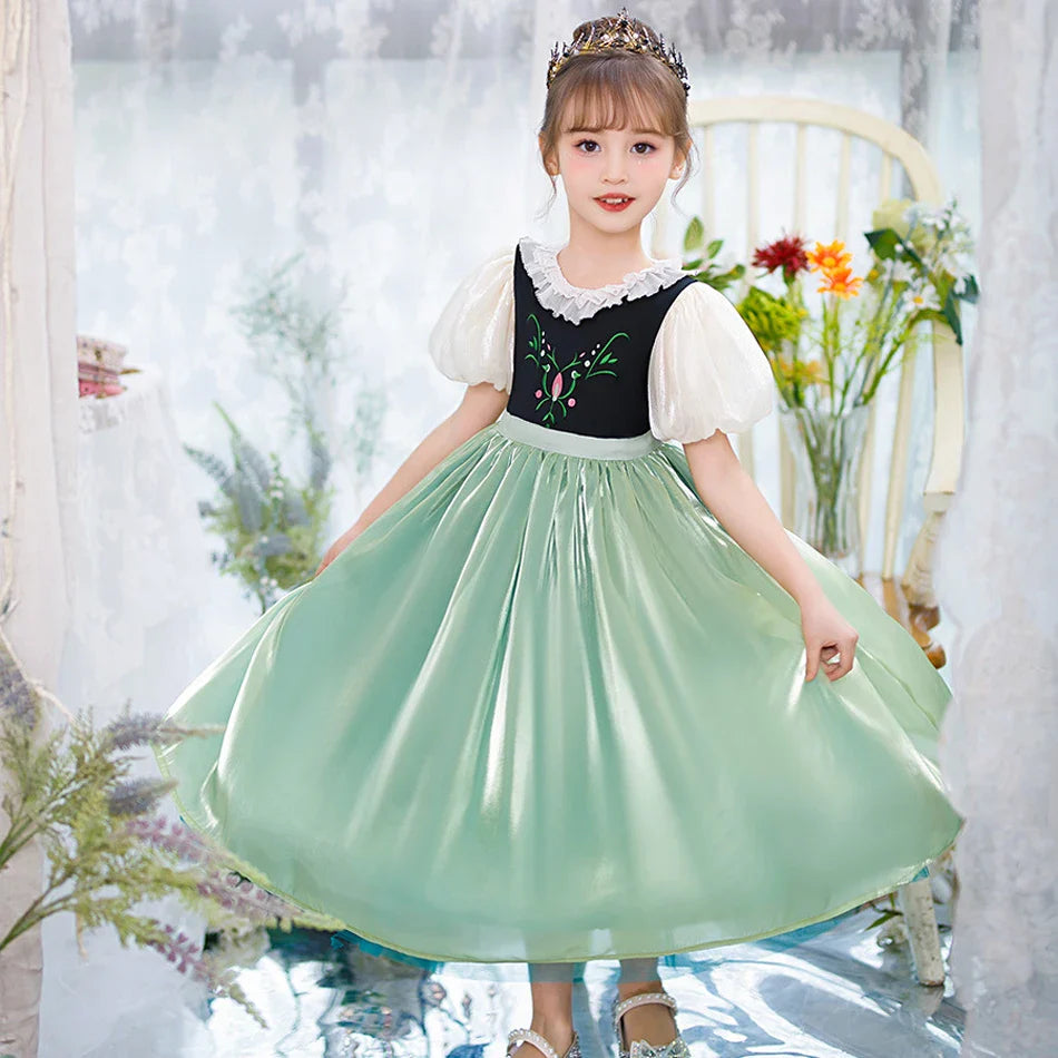 Robe de princesse de cosplay Anna pour filles, costume en maille à manches lanternes, pour fête d'anniversaire, carnaval, Halloween, robe de bal pour enfants