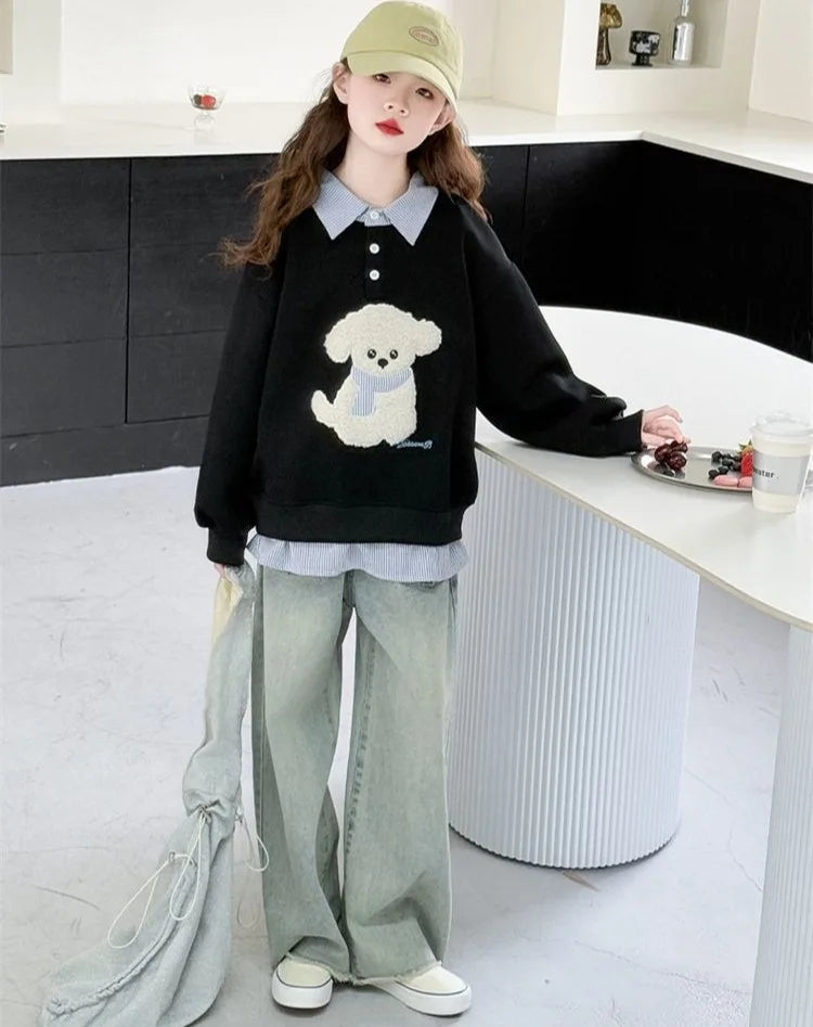Sweat-shirt à capuche pour filles, Polo deux pièces en Faux, moyen-grand, coupe ample, haut de chiot de dessin animé, nouvelle collection printemps/automne 2025