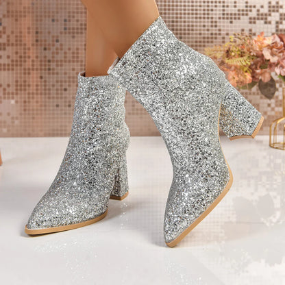 Bottes Femme 2025 Nouvelle Mode Paillettes Bout Rond Bottines Femme Automne Hiver Soirée Talons Épais Chaussures Femme Bottes De Mujer