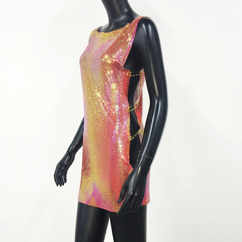 Shiny Y2k Metallic Sequins Mini Dresses For Women Sleeveless Backless Sexy Low Cut See Through Sexy Solid Clubwear Party Dress