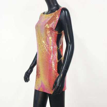 Shiny Y2k Metallic Sequins Mini Dresses For Women Sleeveless Backless Sexy Low Cut See Through Sexy Solid Clubwear Party Dress