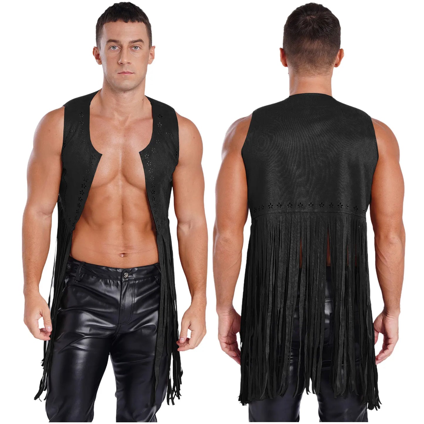 Gilet de costume de cosplay cow-boy occidental pour hommes, gilet hippie disco années 60, en faux daim, avec pompons, cardigan pour fête costumée d'Halloween ou de carnaval