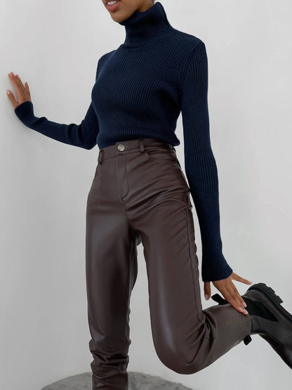 Women Sweater 2024 Autumn Knitted Pullovers Turtleneck Slim Knitting Bottoming Shirt Solid Color Knitwear Jumpers Basic Sweaters