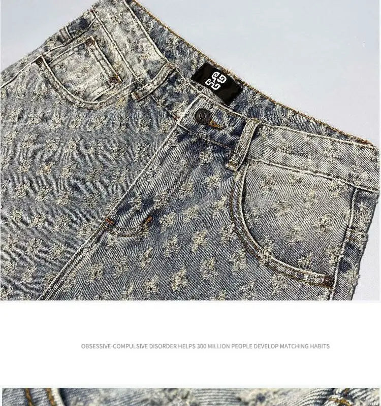 American Street Luxury Quality Retro Y2K Cowboy Shorts Summer Hip Hop Ins Mens Shaved Jacquard Couple Cowboy Pentagonal Pants