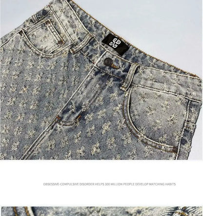 American Street Luxury Quality Retro Y2K Cowboy Shorts Summer Hip Hop Ins Mens Shaved Jacquard Couple Cowboy Pentagonal Pants