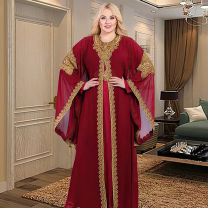 Abaya-Robes de soirée pour femmes, caftan musulman, manches évasées, robe brodée en dentelle dorée, trempée Jalabiya, Ramadan, ensemble de 2 pièces