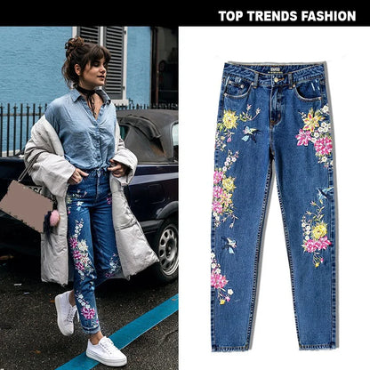 2023 Women Chic Floral Embroidered High Waist Jeans Straight Full Pants Fashion Streetwear Korean Style Cotton Denim Trousers