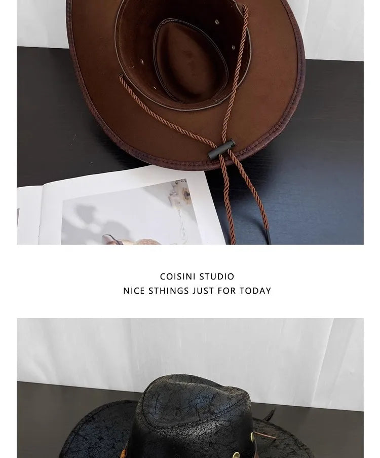 Faux Leather Western Cowboy Hats For Women Men Vintage Gentleman Cowgirl Jazz hat Holidays Party Cosplay Hat