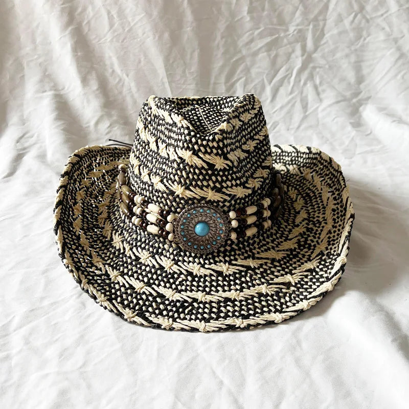 Chapeau de paille de cowboy vert matcha, tissé à la main, creux, pour hommes et femmes, chapeau de soleil d'été, chapeau de paille de cowboy occidental