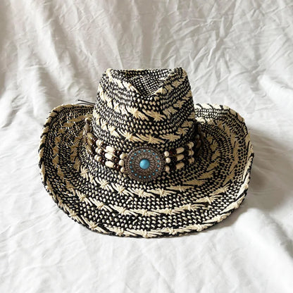 Chapeau de paille de cowboy vert matcha, tissé à la main, creux, pour hommes et femmes, chapeau de soleil d'été, chapeau de paille de cowboy occidental
