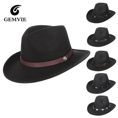 Western Cowboy Hat for Men and Women, Wide Brim Fedora Jazz Hats, Cowgirl Hat with Belt, Autumn and Winter