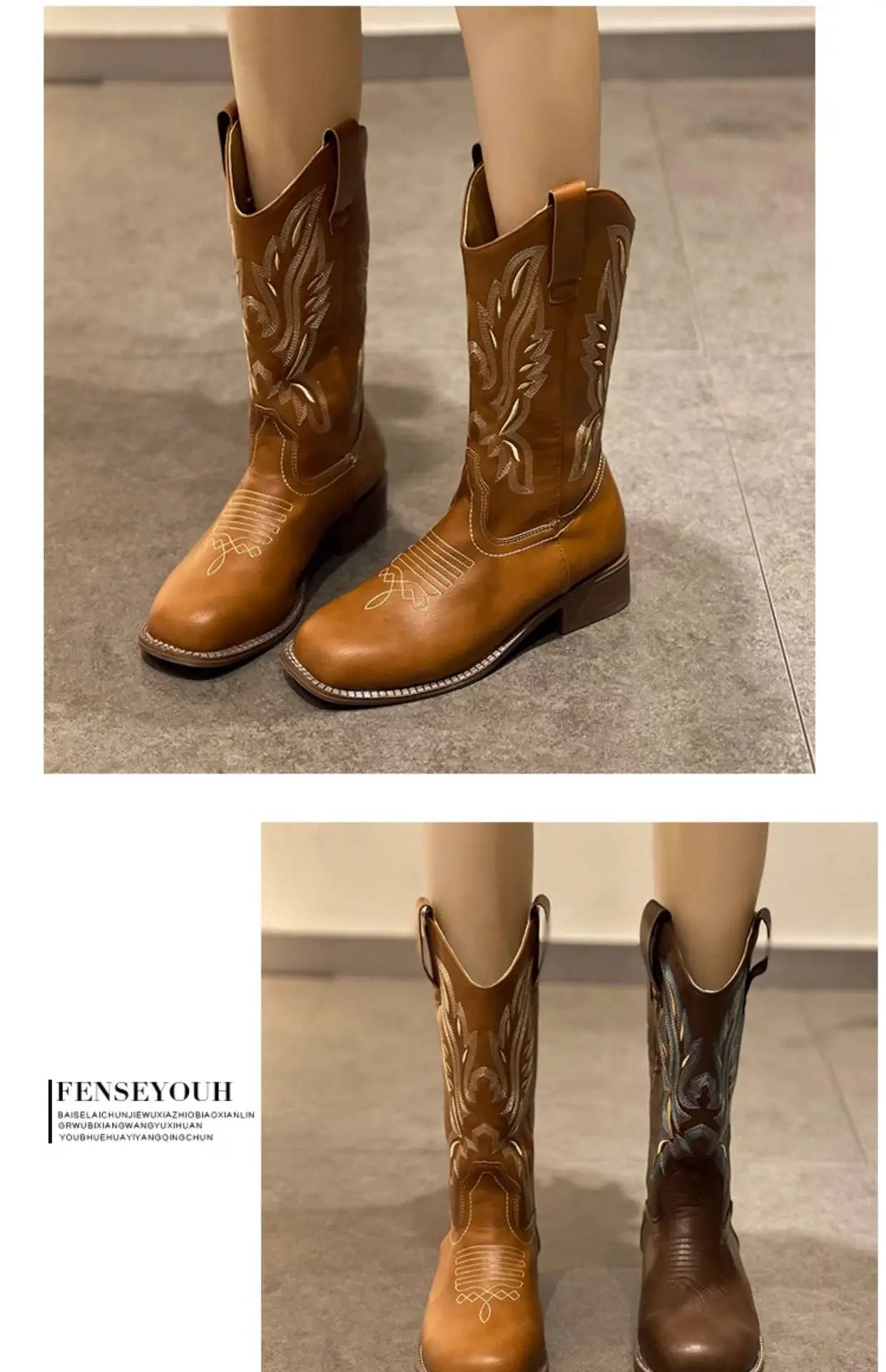 Versatile Western Cowboy Boots Summer Coarse Heel Embroidered Sleeve Knight Boots Mid Barrel Square Head Horseshoe Large