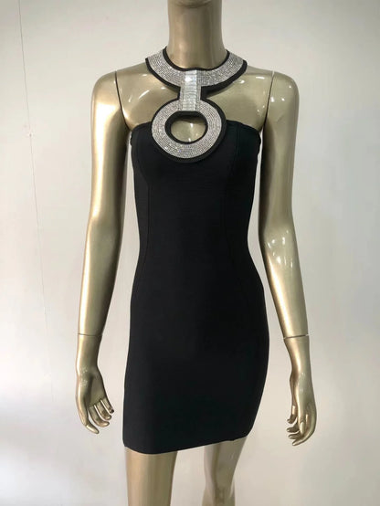 2022 New Bandage Dress Fashion Sexy Halter Neck Diamond Collar Short Skirt Banquet Party Little Black Dress-A1252