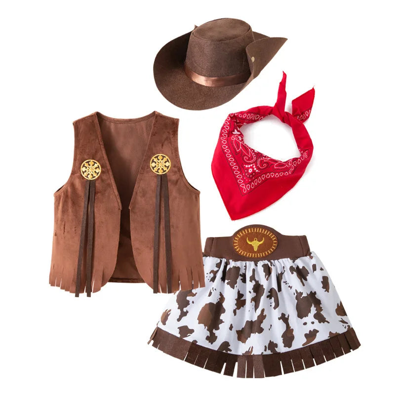Robe de Cowgirl pour enfants, ensemble complet, Costume de Cowboy occidental, ensemble de 4 pièces, tenue de jeu de noël, vêtements d'halloween pour enfants