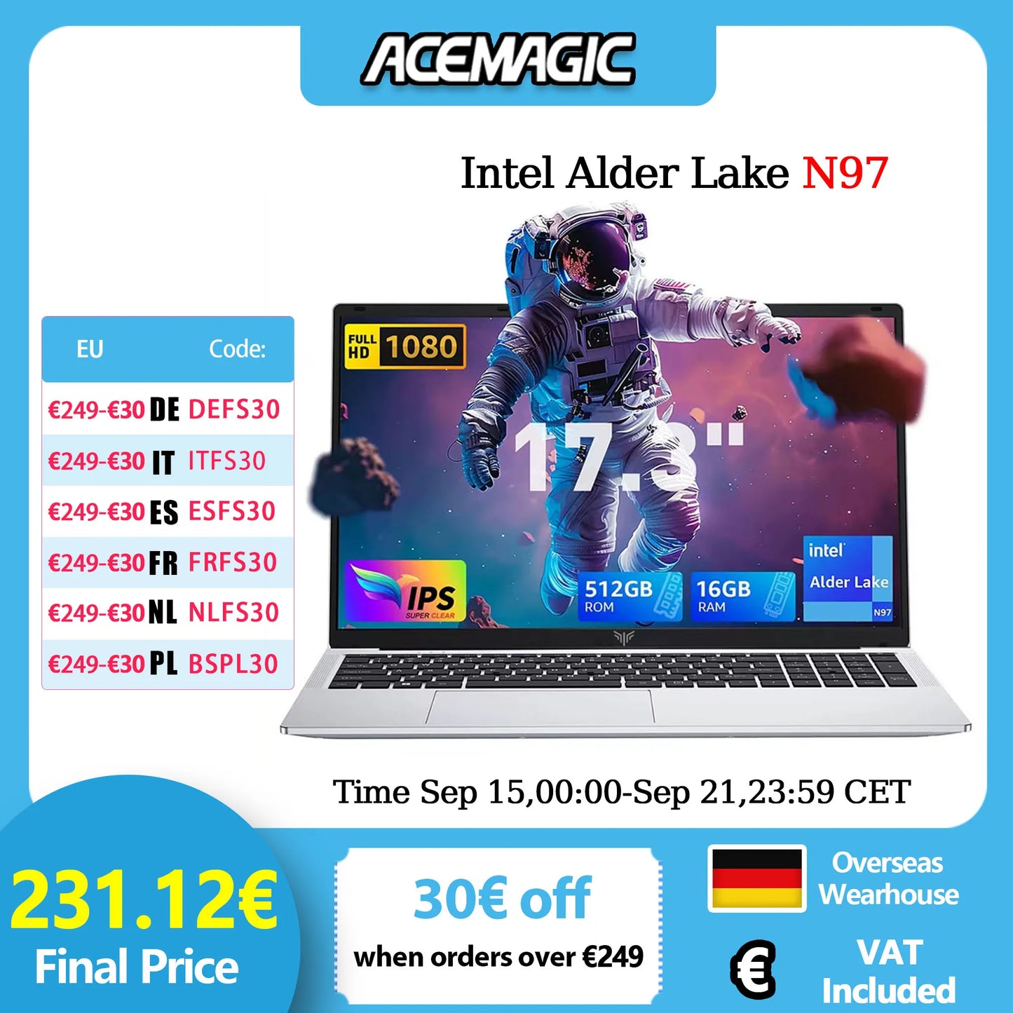 ACEMAGIC AX17 Intel Processor N97 17.3" Ultar Slim 6000MAH Laptop 16GB LPDDR4 RAM 512GB ROM Windows 11 BT5.2 Wifi 6 Notebook