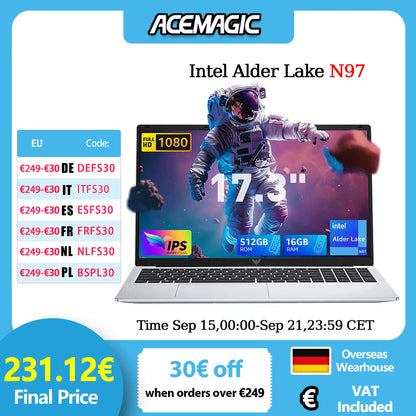 ACEMAGIC AX17 Intel Processor N97 17.3" Ultar Slim 6000MAH Laptop 16GB LPDDR4 RAM 512GB ROM Windows 11 BT5.2 Wifi 6 Notebook