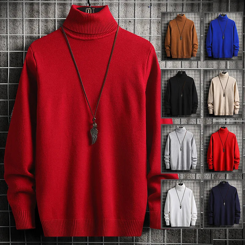 Pulls Hommes Chandails Tricotés Col Roulé Couleur Unie Épaisse Décontractée Manches Longues Haut Tricoté Épissé Pull Coupe Slim Automne Hiver