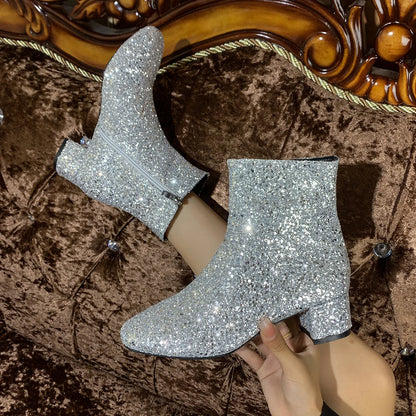 Chaussures pour femmes 2025, bottines d'automne à fermeture éclair latérale, bout pointu, chaussures scintillantes, chaussures de fête à talons bas