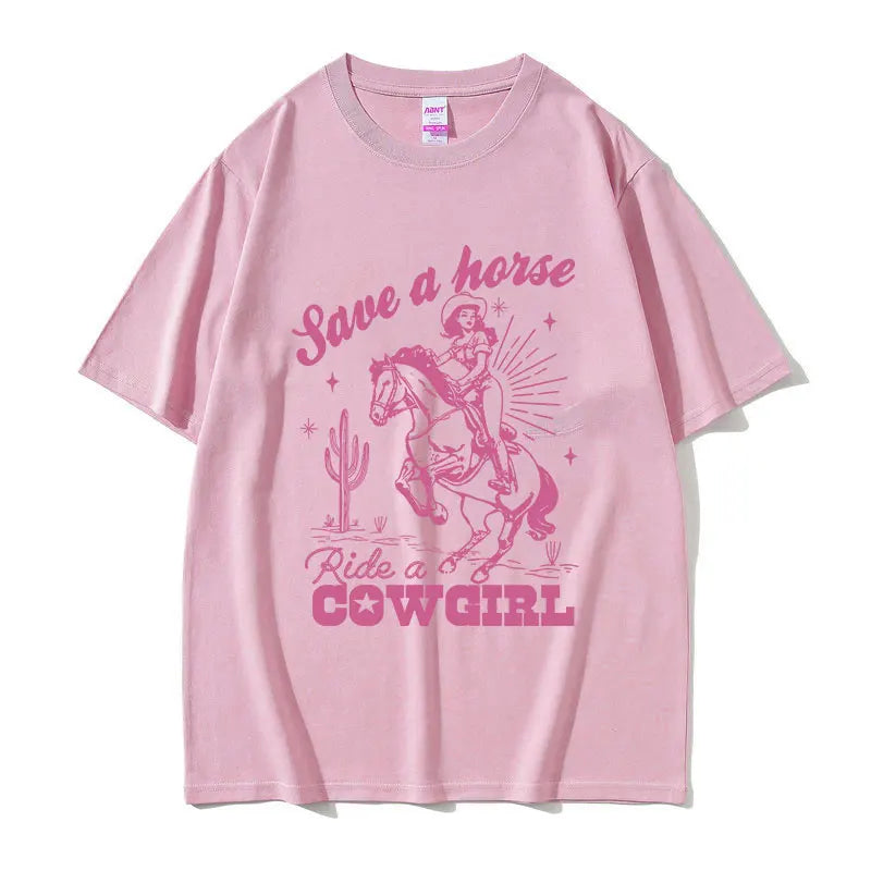 T-shirt décontracté unisexe en coton imprimé "Save A Horse Ride A Cowgirl", style rétro esthétique, Streetwear mode