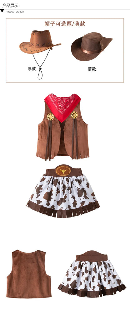 Robe de Cowgirl pour enfants, ensemble complet, Costume de Cowboy occidental, ensemble de 4 pièces, tenue de jeu de noël, vêtements d'halloween pour enfants