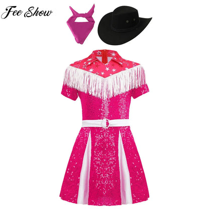 Déguisement de cow-girl pour enfants filles, robe à franges et paillettes avec chapeau de cowboy et bandana, tenue de fête de carnaval d'Halloween