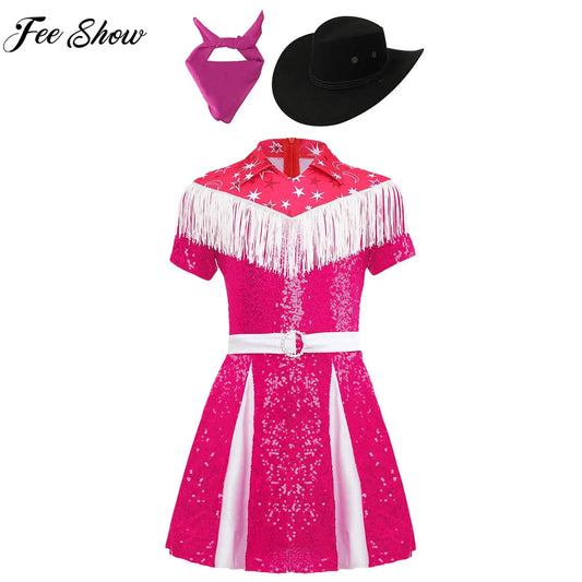 Déguisement de cow-girl pour enfants filles, robe à franges et paillettes avec chapeau de cowboy et bandana, tenue de fête de carnaval d'Halloween