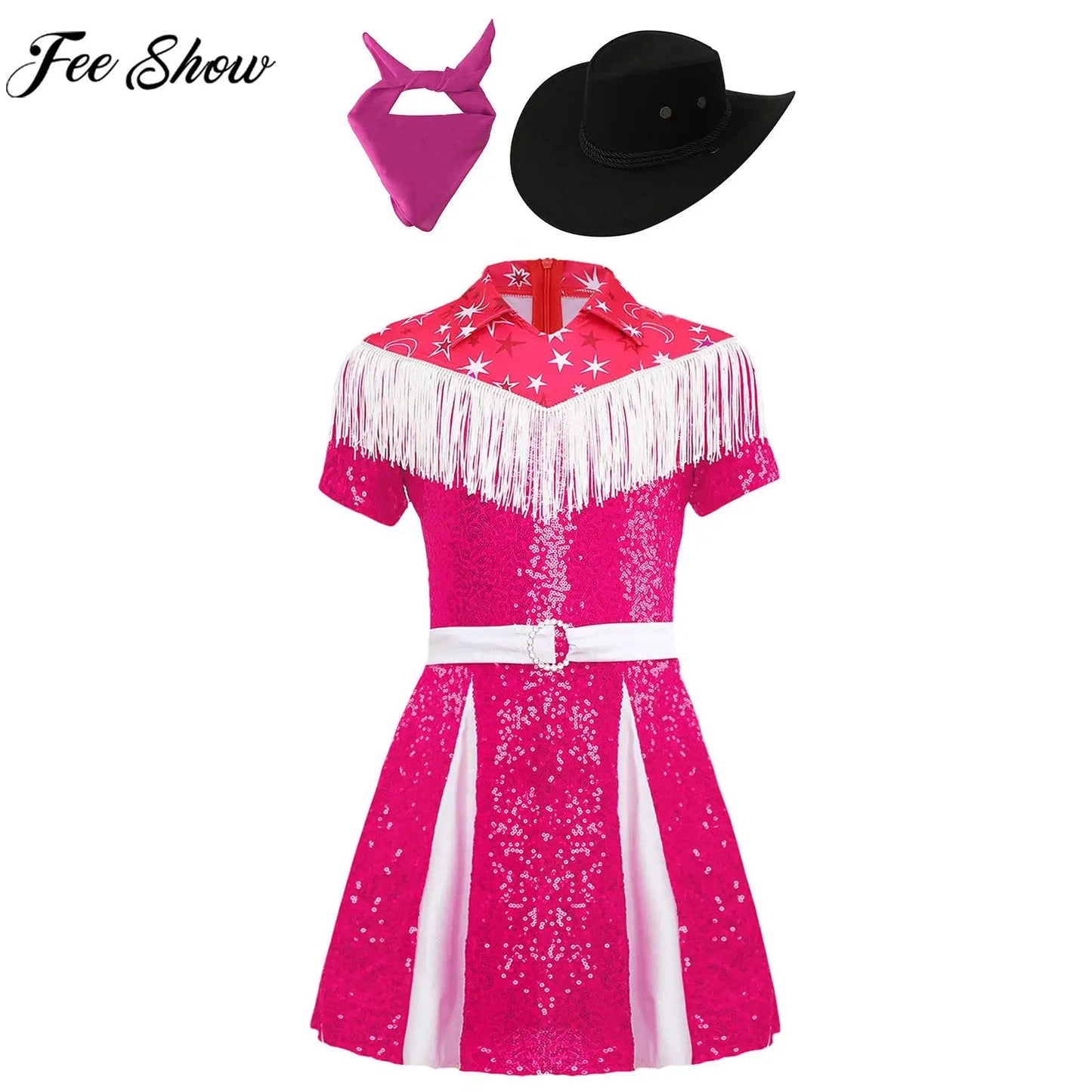 Déguisement de cow-girl pour enfants filles, robe à franges et paillettes avec chapeau de cowboy et bandana, tenue de fête de carnaval d'Halloween