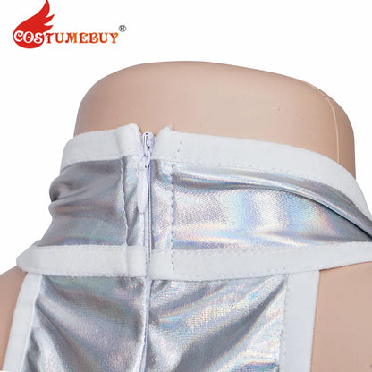 Austin Powers Elizabeth Hurley Cosplay Costume Sexy Femme Vanessa Kensington Argent Bretelles Dos Nu Slim Mini Robe pour Halloween