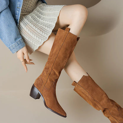 Bottes de Cowboy en Daim de Vache à Talons Hauts pour Femme, Style Vintage, Style Country Western, à la Mode, Automne Hiver
