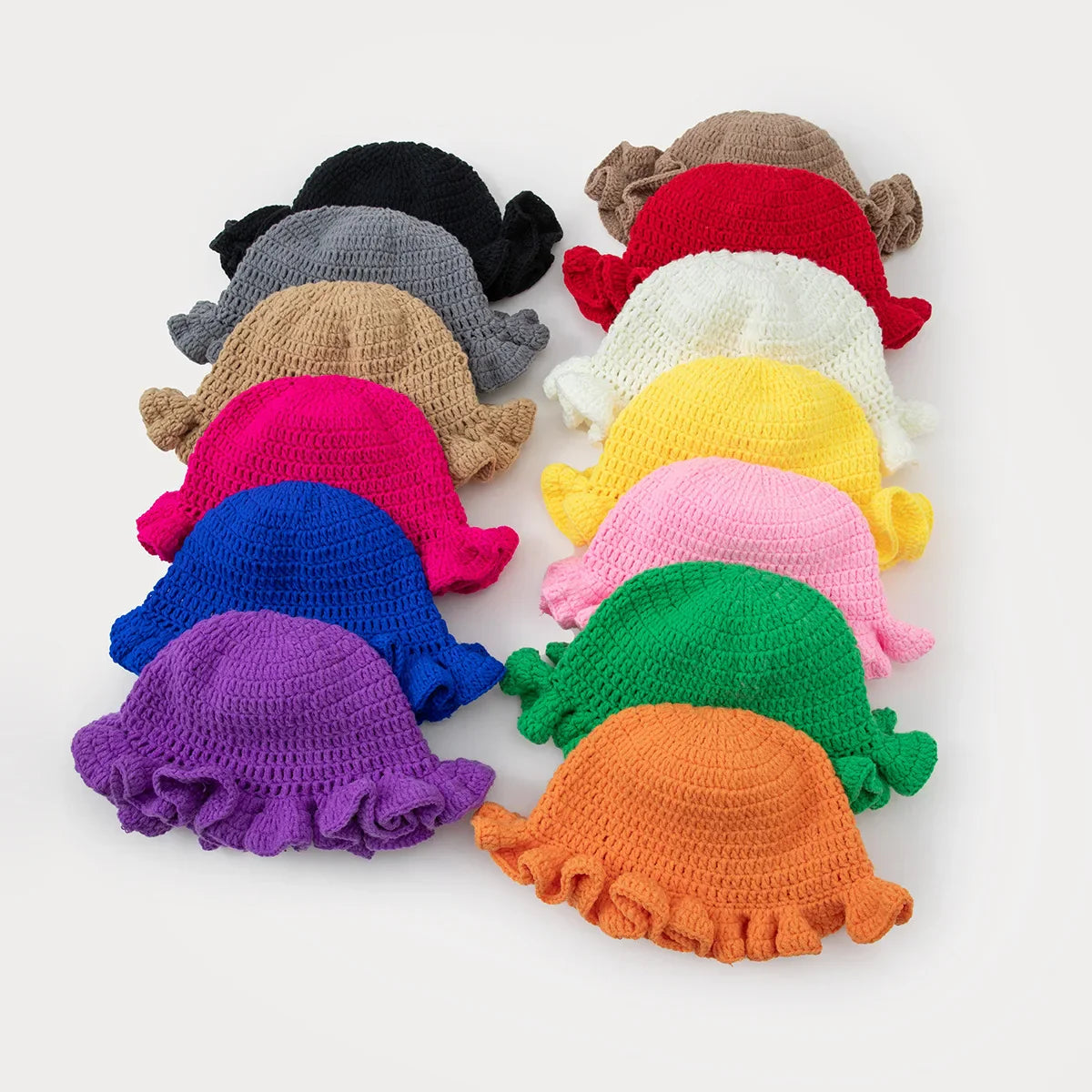 Chapeau seau à volants en Crochet coloré, chaud et extensible, en tricot, pour célébration du nouvel an, mode femme, bonnet fait à la main, outil tentacule