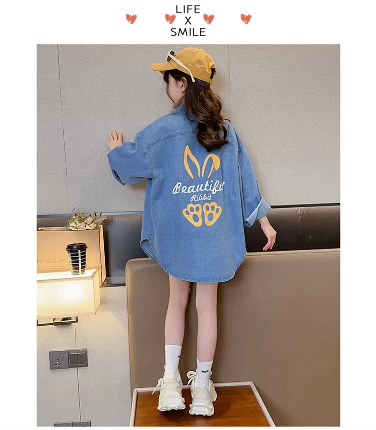 Chemisiers en Denim de Cowgirl de haute couture avec imprimé de lapin pour adolescente, chemise en Denim ample et décontractée à manches longues pour enfants