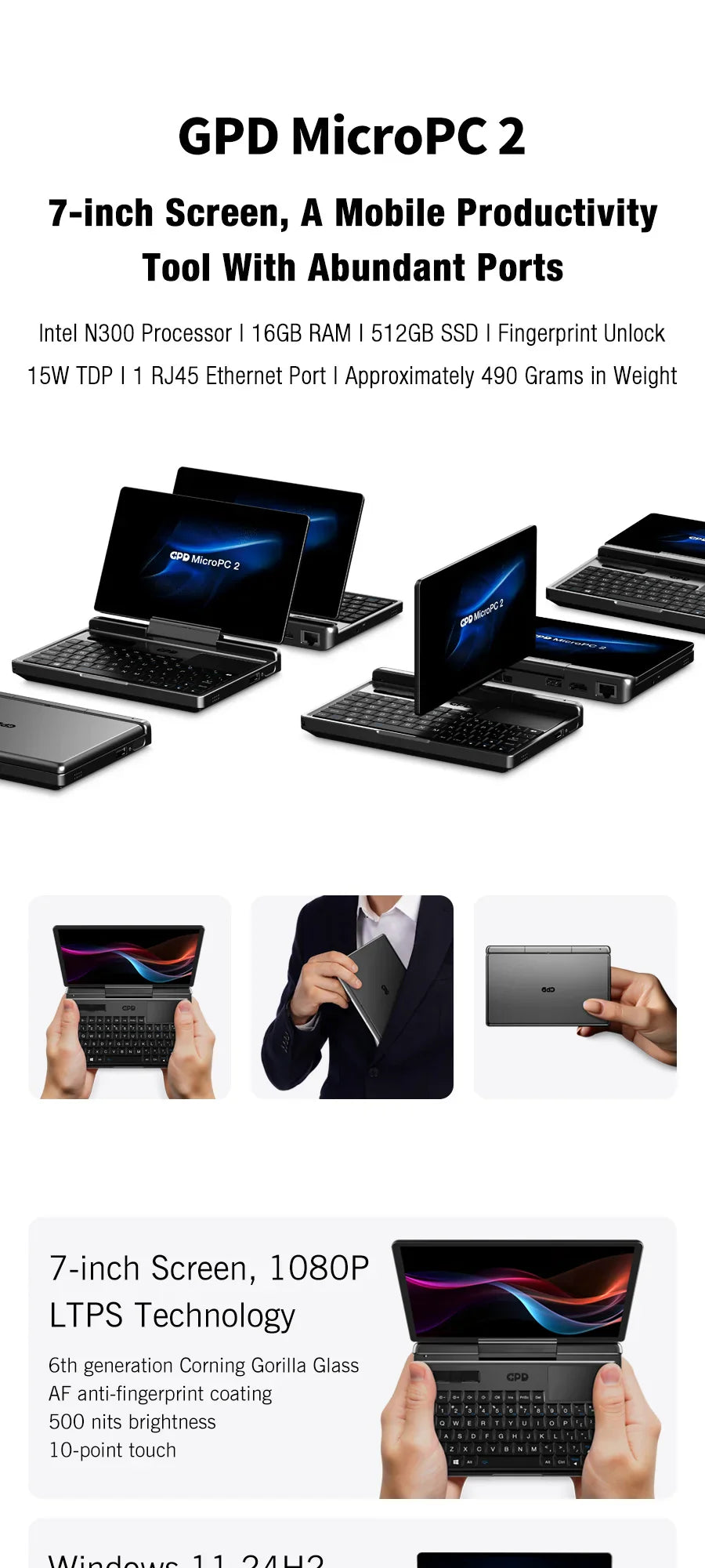 Nouvel ordinateur portable 7 pouces GPD MicroPC 2 Intel® Core™ i3-N300 16GB/512GB Portable Ordinateur Portable Windows 11