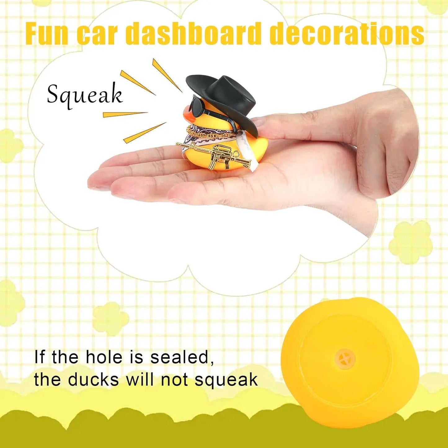 2 canards en caoutchouc amusants pour tableau de bord de voiture - Canard avec chapeau de cowboy, écharpe, lunettes de soleil, arme pour décoration de voiture, de bureau.