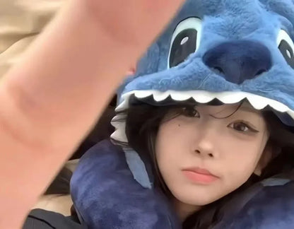 Cute Stitch Cartoon U-shaped Pillow Hooded Pillow for Napping and Neck Protection Pillow Travel Plane Hat Napping