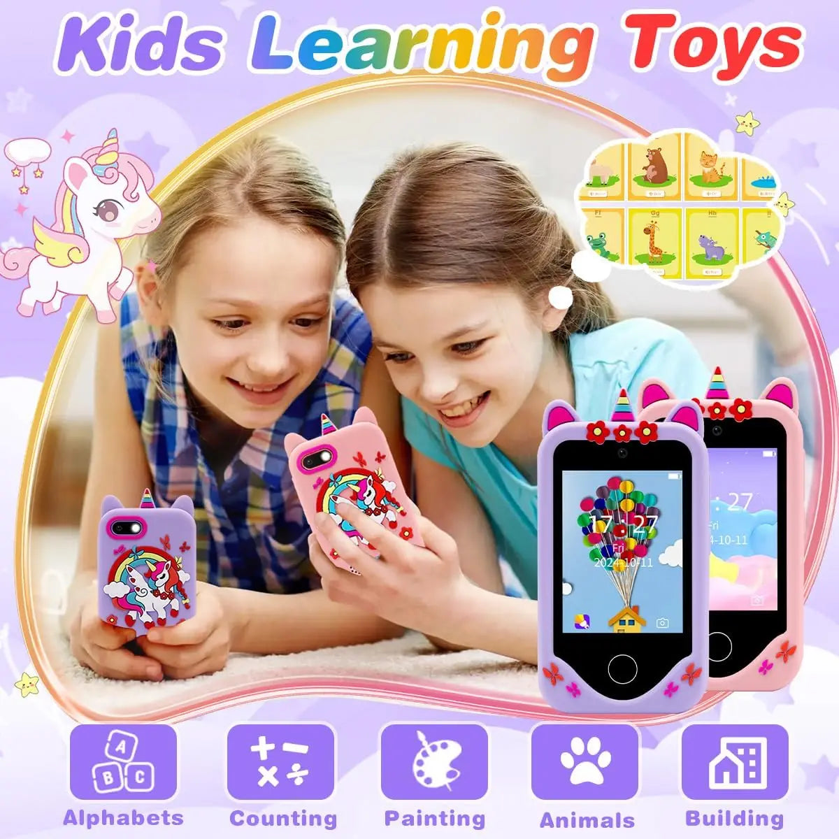 Téléphone intelligent pour enfants Filles Garçons Jouets Téléphone portable Double appareil photo Lecteur de musique 17 jeux Téléphone d'apprentissage pour tout-petits Cadeaux d'anniversaire