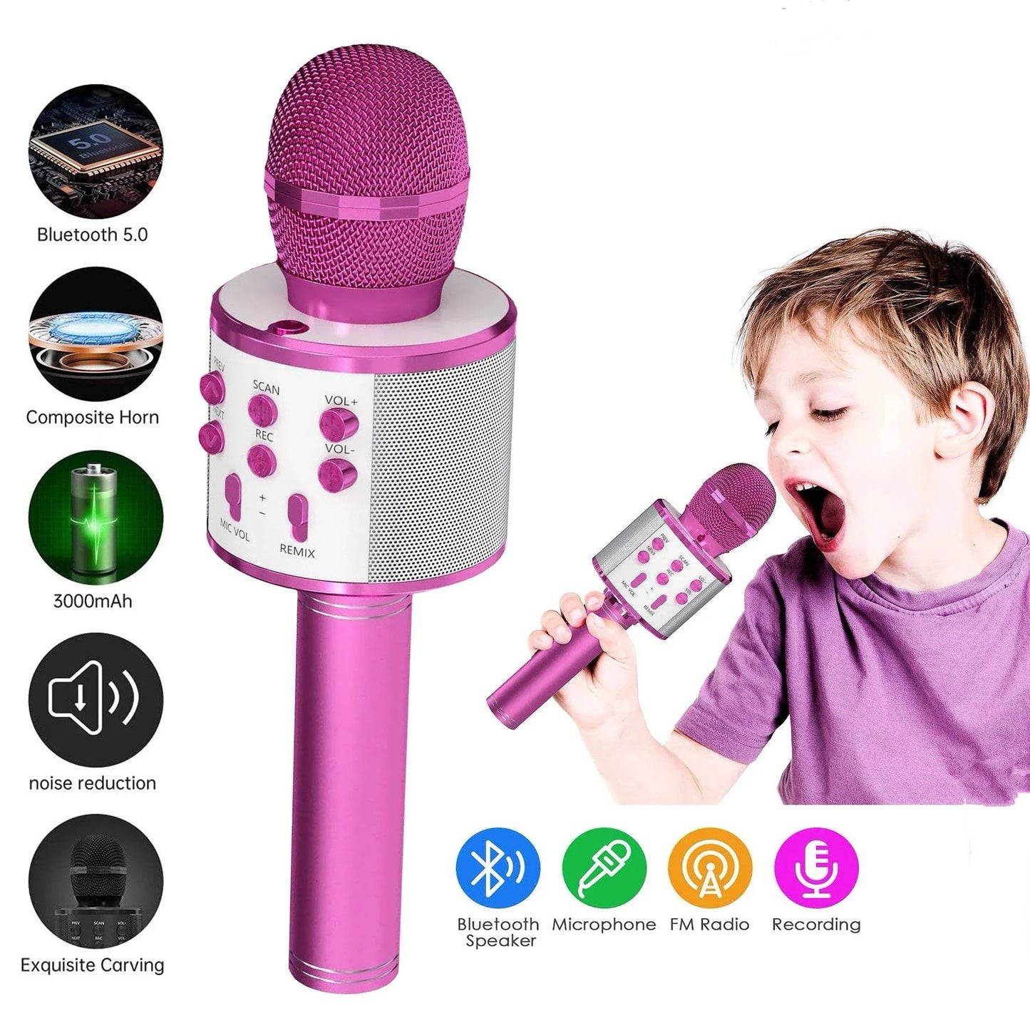 Wireless Bluetooth Karaoke Microphone, 5-in-1  Mic with Built-in Stereo Speaker/4 Voice-Changing Effect, Great Gifts