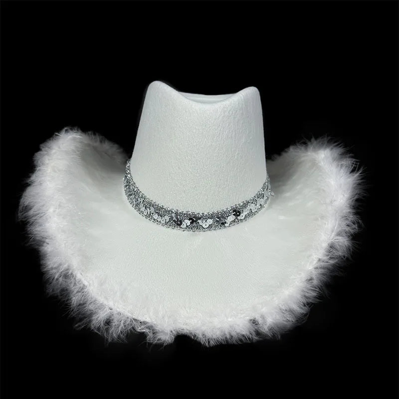 Pink Fur Brim Crown Cowboy Hat For Women'S Wide Brim Cowgirl Hat Bachelorette Party Carnival Western Headwear Cosplays Prop Caps