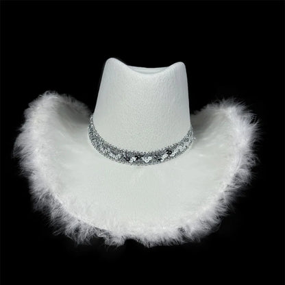 Pink Fur Brim Crown Cowboy Hat For Women'S Wide Brim Cowgirl Hat Bachelorette Party Carnival Western Headwear Cosplays Prop Caps