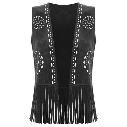 Gilet sans manches à franges pour femme style cow-girl, disco années 70, hippie, cosplay, vintage, creux, débardeur à pompons, en faux daim