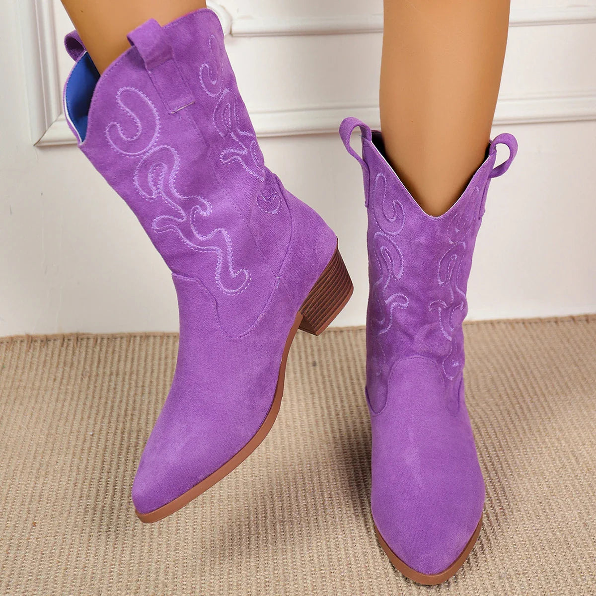 Embroidered Western Cowboy Boots for Women Autumn Pointed Toe Thick Heel High Knee Boots Woman Loose PU Leather Long Botas Mujer