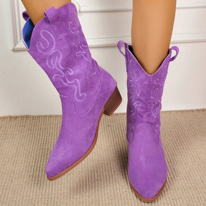 Embroidered Western Cowboy Boots for Women Autumn Pointed Toe Thick Heel High Knee Boots Woman Loose PU Leather Long Botas Mujer
