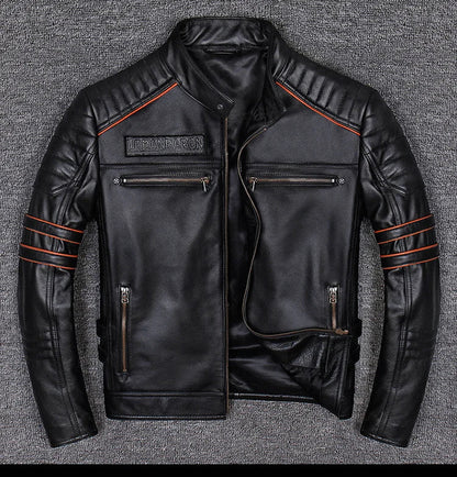 CC Shop.Brand skull cowhide coat.8XL Plus black slim genuine leather jacket,Rider leather cloth.Chaqueta de cuero esqueleto
