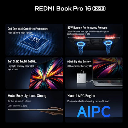 【2025 New】Xiaomi Laptop REDMI Book Pro 16 2025 Ultra5-225H Ultra7-255H/32GB/1TB/3.1K/165Hz Grey