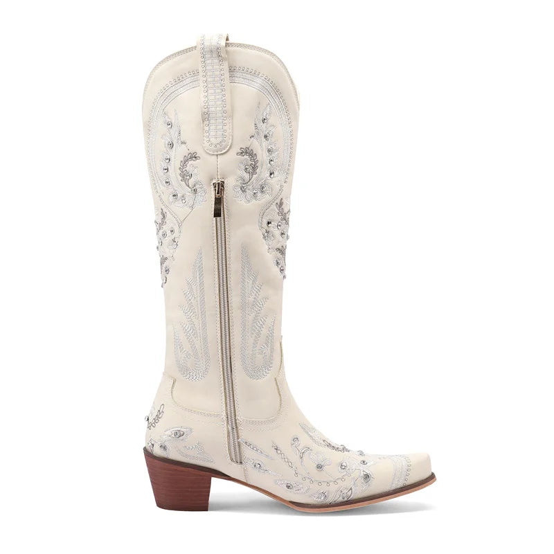Bottes de cowboy occidentales au genou pour femmes, broderie de fleurs, biscuits, blanc, marron, rond, Parker, talons hauts, rétro, bottes longues de cowgirl