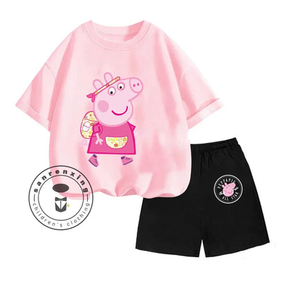 Peppa Pig-themed Animated Cartoon Print Design O-neck Sweet Short Sleeves and Simple Shorts for Boys and Girls Summer Suit