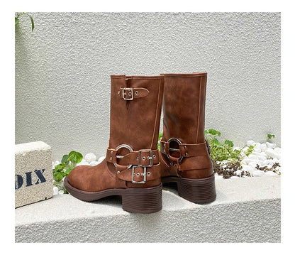 Designer Luxury Brand Retro Real Leather Brown Cropped Cowboy Boots Chunky Heel Sleeve Square Punk Style Botas Mujer Hot Selling