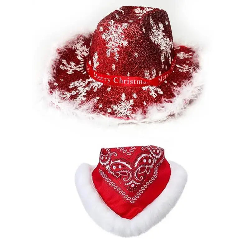 Chapeau de cowboy de Noël lumineux tendance, chapeau de jazz de cowgirl en feutre rouge à large bord pour hommes et femmes