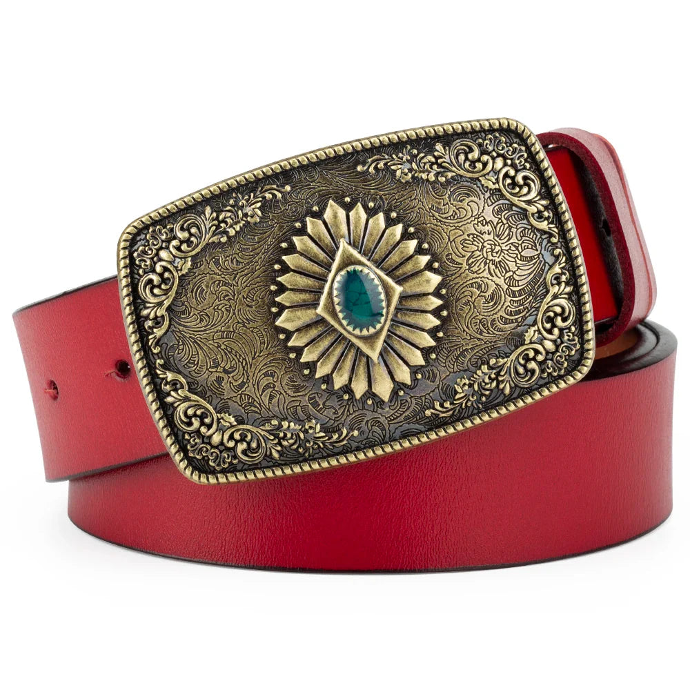 Ceinture classique en cuir véritable avec boucle émail saphir et motif floral sculpté en argent pour femmes et hommes, cadeau
