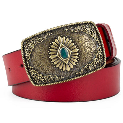 Ceinture classique en cuir véritable avec boucle émail saphir et motif floral sculpté en argent pour femmes et hommes, cadeau